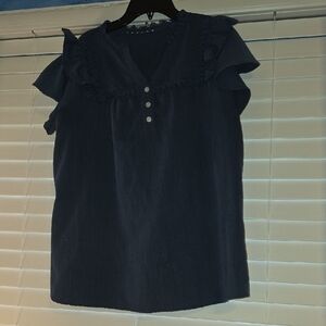 +Navy Ruffle Sleeve V-Neck Blouse